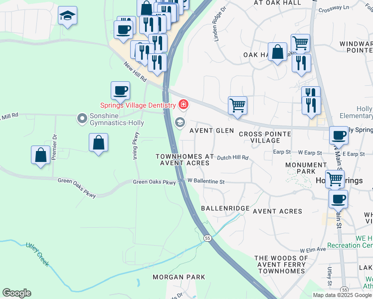 map of restaurants, bars, coffee shops, grocery stores, and more near 110 Tuska Hills Drive in Holly Springs