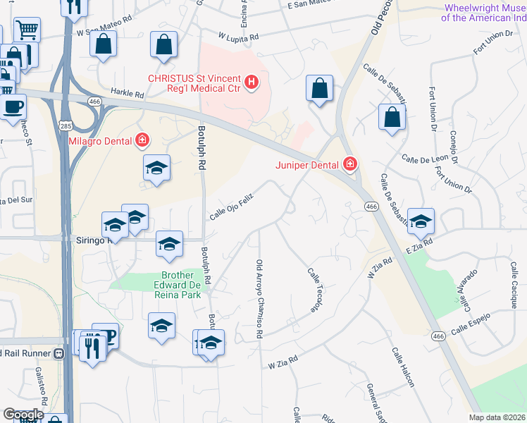 map of restaurants, bars, coffee shops, grocery stores, and more near 1812 Arroyo Chamiso Road in Santa Fe
