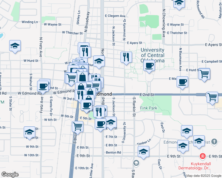 map of restaurants, bars, coffee shops, grocery stores, and more near 201 East 2nd Street in Edmond