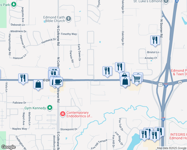 map of restaurants, bars, coffee shops, grocery stores, and more near 9 Bradbury Drive in Edmond
