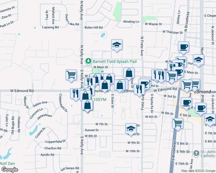 map of restaurants, bars, coffee shops, grocery stores, and more near 630 West 2nd Street in Edmond
