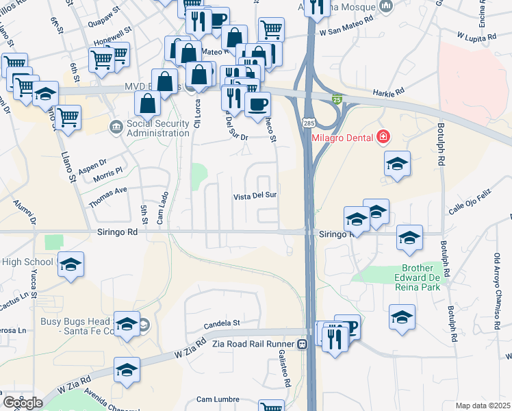 map of restaurants, bars, coffee shops, grocery stores, and more near 1876 Calle Quedo in Santa Fe