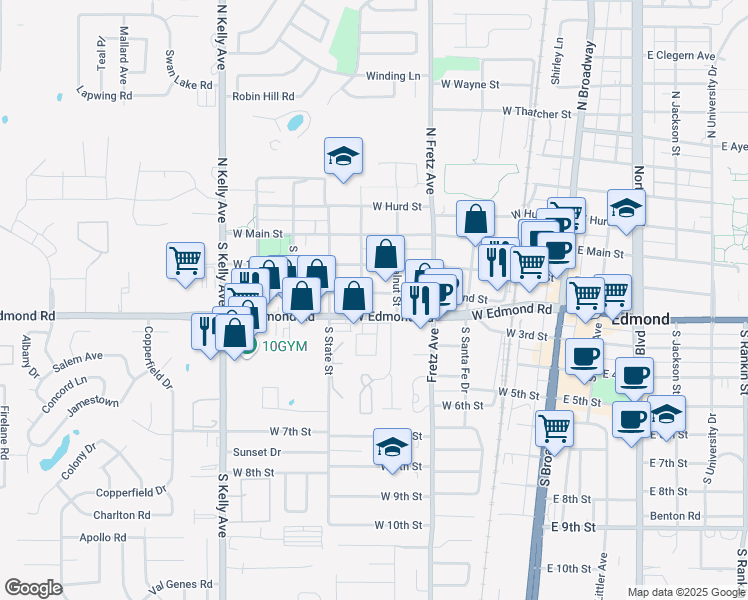 map of restaurants, bars, coffee shops, grocery stores, and more near 412 West 2nd Street in Edmond