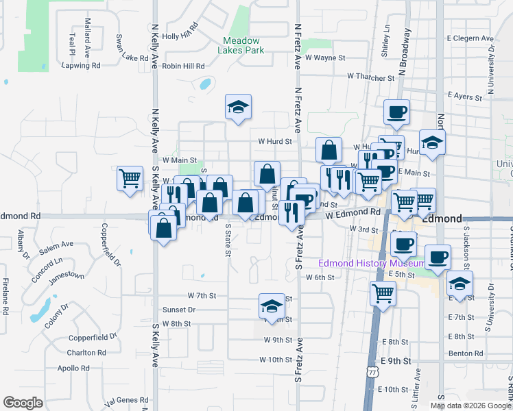 map of restaurants, bars, coffee shops, grocery stores, and more near 412 West 2nd Street in Edmond
