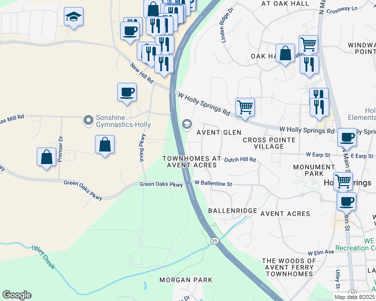 map of restaurants, bars, coffee shops, grocery stores, and more near 111 Tuska Hills Drive in Holly Springs