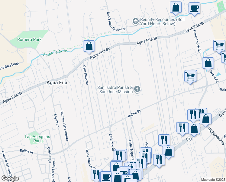 map of restaurants, bars, coffee shops, grocery stores, and more near 2241 Rancho De Chavez in Santa Fe