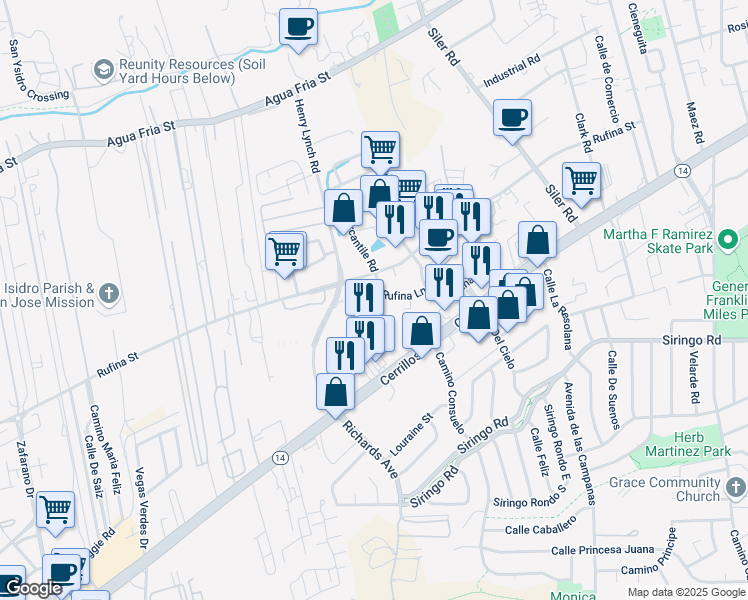 map of restaurants, bars, coffee shops, grocery stores, and more near 1308 Rufina Lane in Santa Fe