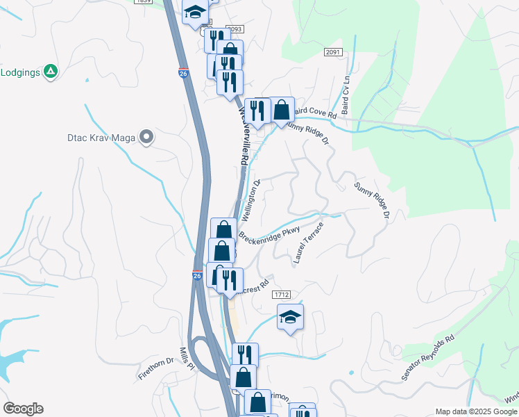 map of restaurants, bars, coffee shops, grocery stores, and more near 21 Wellington Drive in Asheville