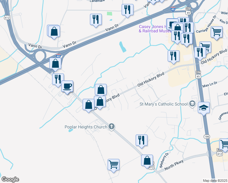 map of restaurants, bars, coffee shops, grocery stores, and more near 961 Old Hickory Boulevard in Jackson