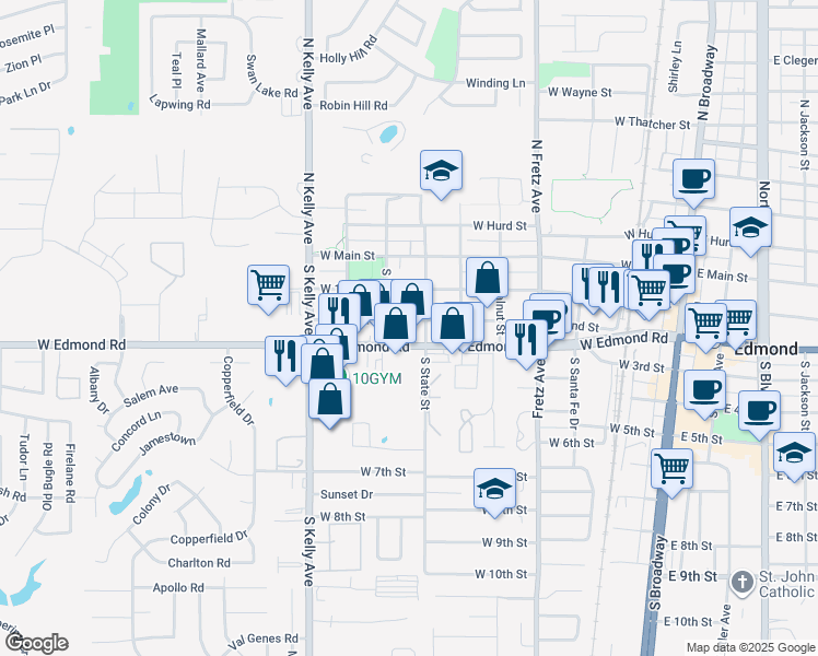 map of restaurants, bars, coffee shops, grocery stores, and more near 630 West 2nd Street in Edmond