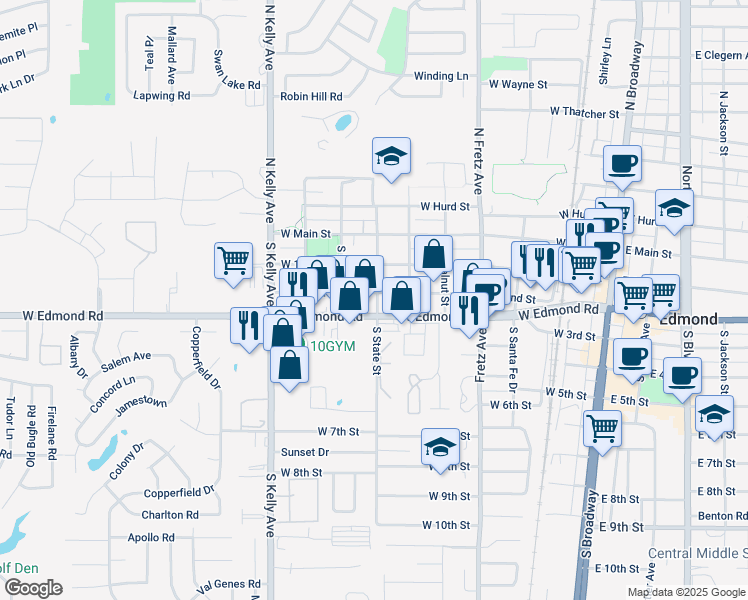 map of restaurants, bars, coffee shops, grocery stores, and more near 522 West 2nd Street in Edmond