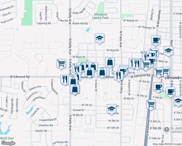 map of restaurants, bars, coffee shops, grocery stores, and more near 630 West 2nd Street in Edmond