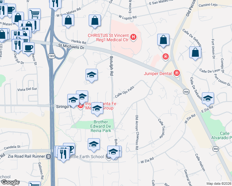map of restaurants, bars, coffee shops, grocery stores, and more near 161 Calle Ojo Feliz in Santa Fe