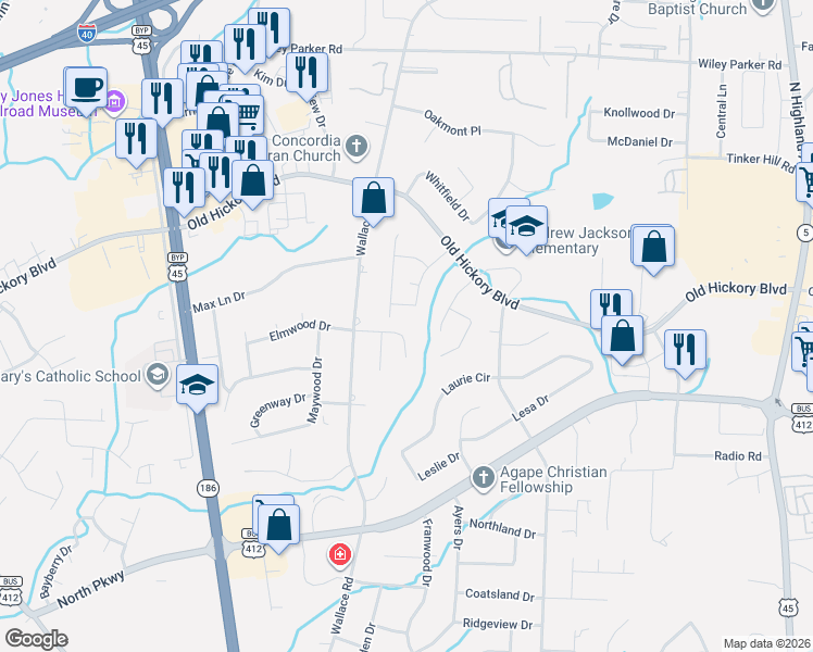 map of restaurants, bars, coffee shops, grocery stores, and more near 59 Elmwood Cove in Jackson