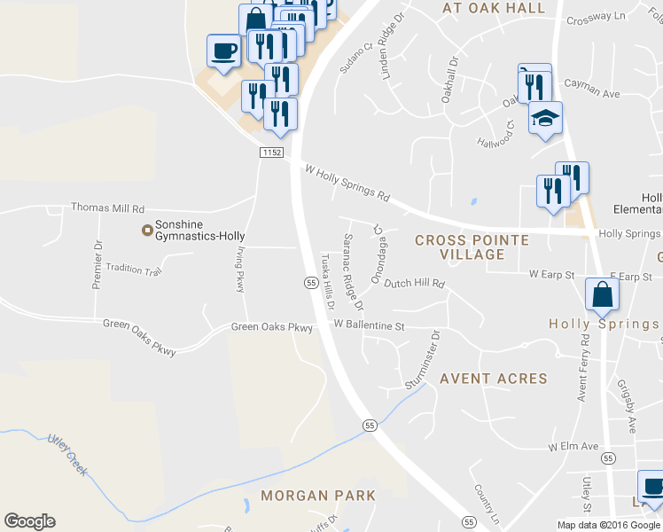 map of restaurants, bars, coffee shops, grocery stores, and more near 108 Tuska Hills Drive in Holly Springs