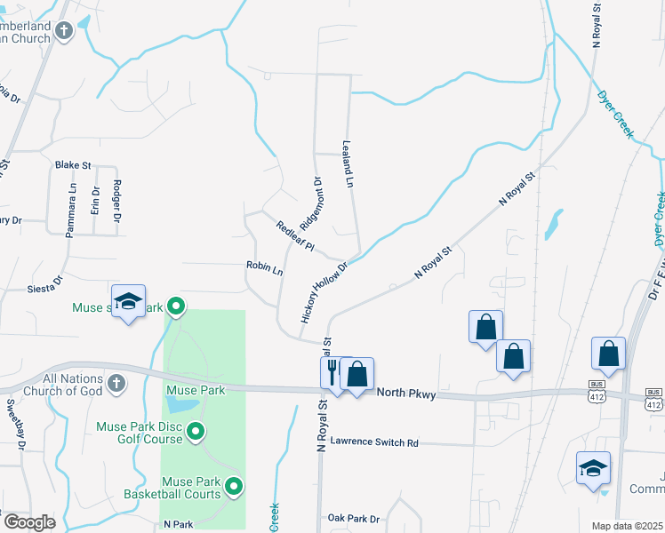 map of restaurants, bars, coffee shops, grocery stores, and more near 99 Hickory Hollow Drive in Jackson
