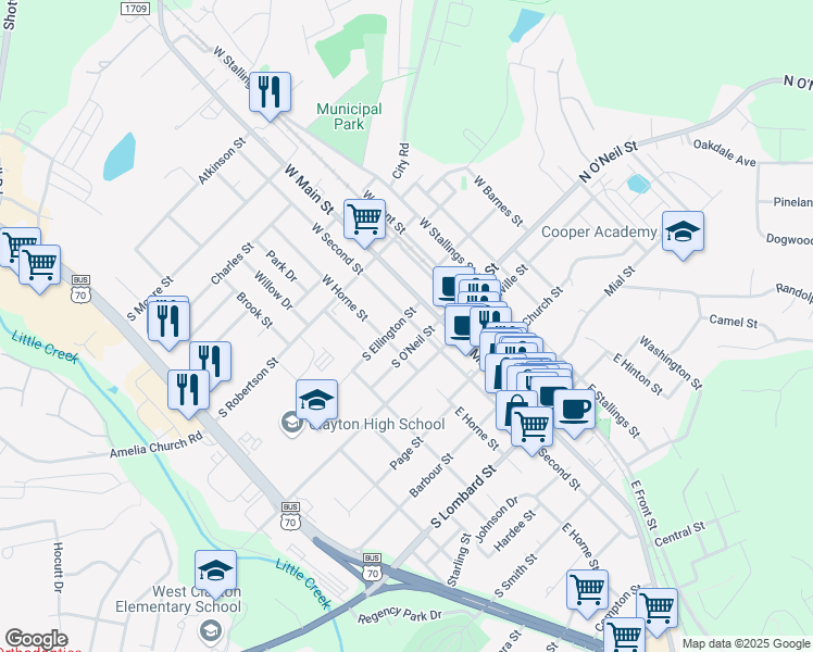 map of restaurants, bars, coffee shops, grocery stores, and more near 215 West 2nd Street in Clayton