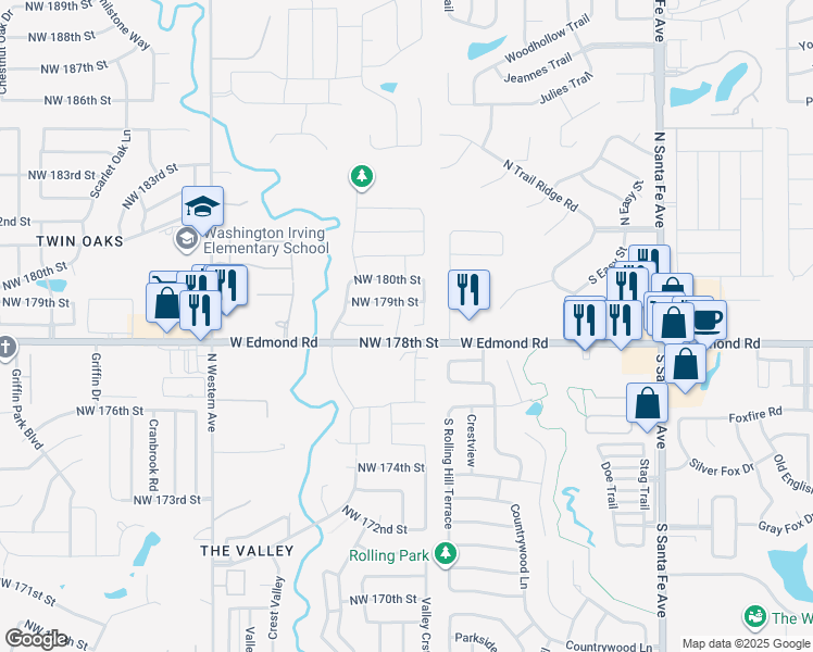 map of restaurants, bars, coffee shops, grocery stores, and more near 520 Northwest 179th Circle in Edmond