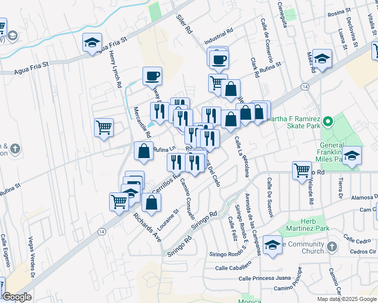 map of restaurants, bars, coffee shops, grocery stores, and more near 1343 Rufina Circle in Santa Fe