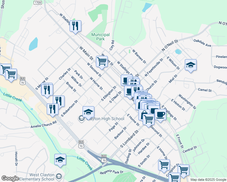 map of restaurants, bars, coffee shops, grocery stores, and more near 215 West 2nd Street in Clayton