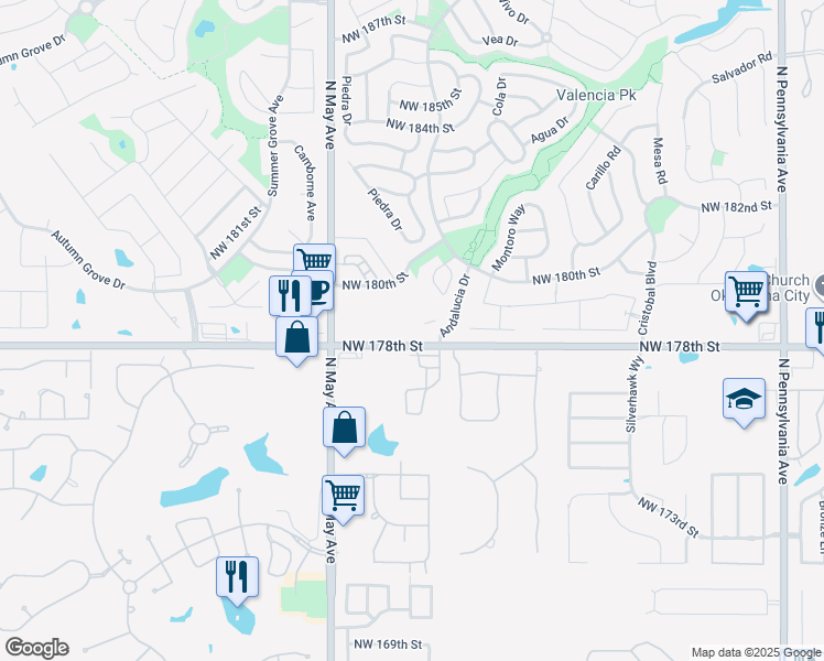 map of restaurants, bars, coffee shops, grocery stores, and more near 2717 Northwest 178th Street in Edmond