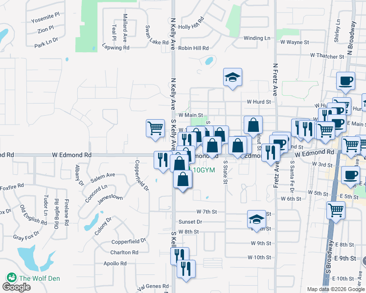 map of restaurants, bars, coffee shops, grocery stores, and more near 824 West 2nd Street in Edmond