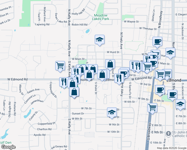 map of restaurants, bars, coffee shops, grocery stores, and more near 630 West 2nd Street in Edmond