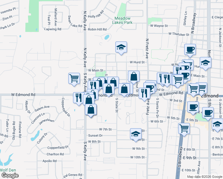 map of restaurants, bars, coffee shops, grocery stores, and more near 630 West 2nd Street in Edmond