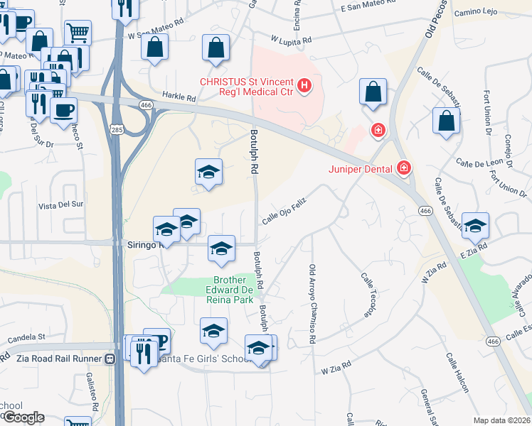 map of restaurants, bars, coffee shops, grocery stores, and more near 161 Calle Ojo Feliz in Santa Fe