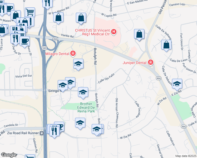 map of restaurants, bars, coffee shops, grocery stores, and more near 161 Calle Ojo Feliz in Santa Fe