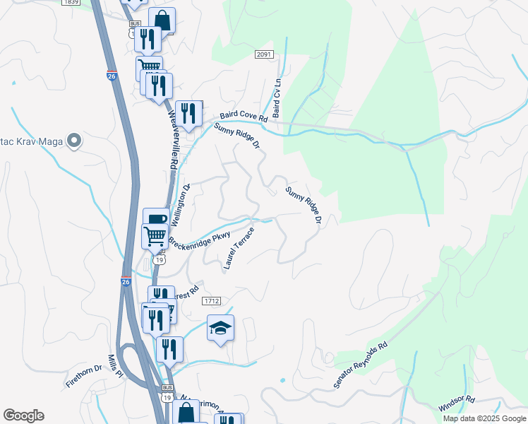 map of restaurants, bars, coffee shops, grocery stores, and more near 9 Stratford Drive in Asheville