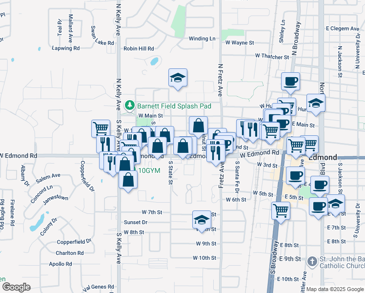 map of restaurants, bars, coffee shops, grocery stores, and more near 522 West 2nd Street in Edmond