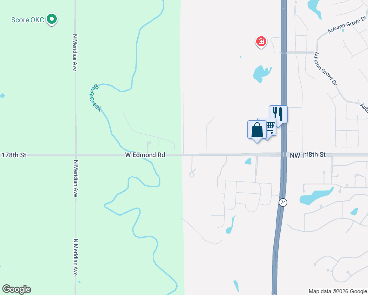 map of restaurants, bars, coffee shops, grocery stores, and more near 4208 Northwest 178th Street in Edmond