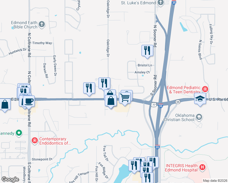map of restaurants, bars, coffee shops, grocery stores, and more near 32 South Ridge Pointe Circle in Edmond
