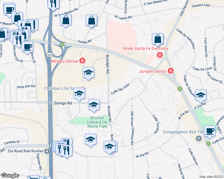 map of restaurants, bars, coffee shops, grocery stores, and more near 161 Calle Ojo Feliz in Santa Fe