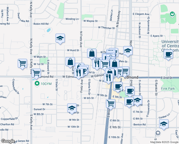 map of restaurants, bars, coffee shops, grocery stores, and more near 126 West 2nd Street in Edmond