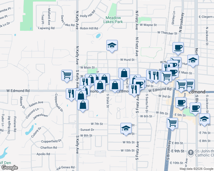 map of restaurants, bars, coffee shops, grocery stores, and more near 522 West 2nd Street in Edmond