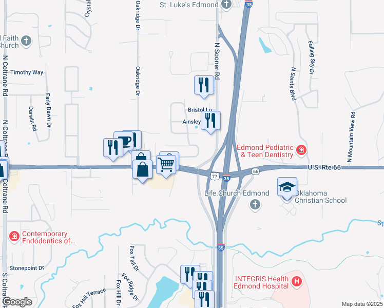 map of restaurants, bars, coffee shops, grocery stores, and more near 4105 Eaton Place in Edmond