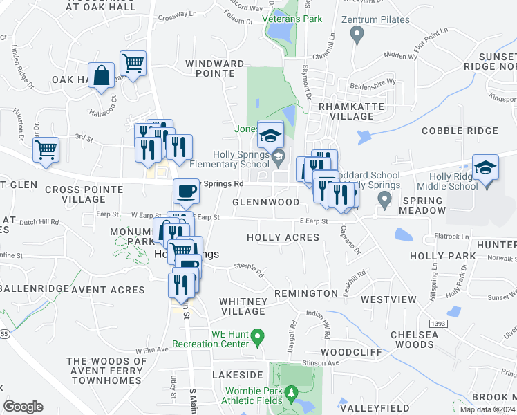 map of restaurants, bars, coffee shops, grocery stores, and more near 101 Cabrita Court in Holly Springs