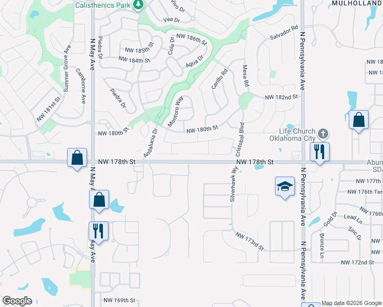 map of restaurants, bars, coffee shops, grocery stores, and more near 2505 Northwest 178th Street in Edmond