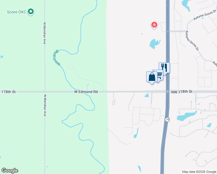 map of restaurants, bars, coffee shops, grocery stores, and more near 4208 Northwest 178th Street in Edmond