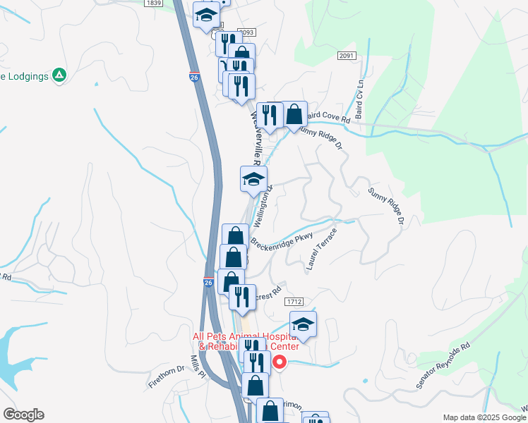 map of restaurants, bars, coffee shops, grocery stores, and more near 21 Wellington Drive in Asheville