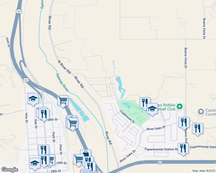 map of restaurants, bars, coffee shops, grocery stores, and more near 800 Clubhouse Drive in Paso Robles