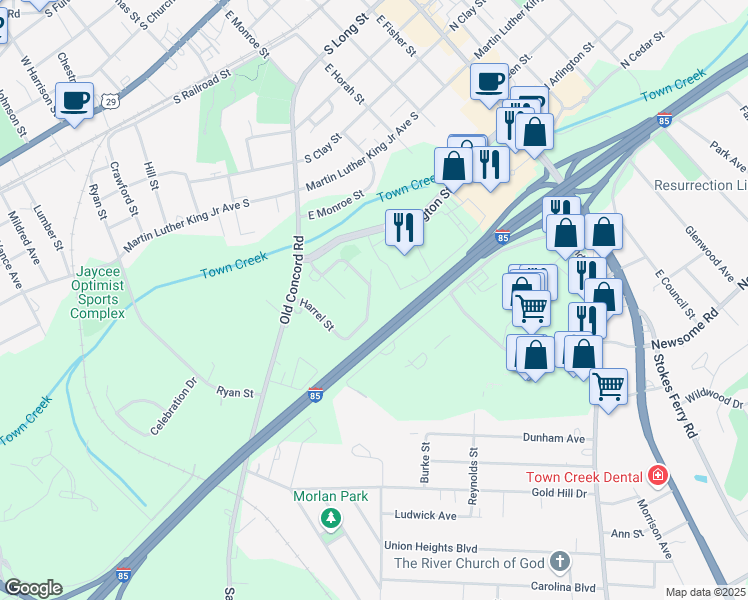 map of restaurants, bars, coffee shops, grocery stores, and more near 421 Harrel Street in Salisbury