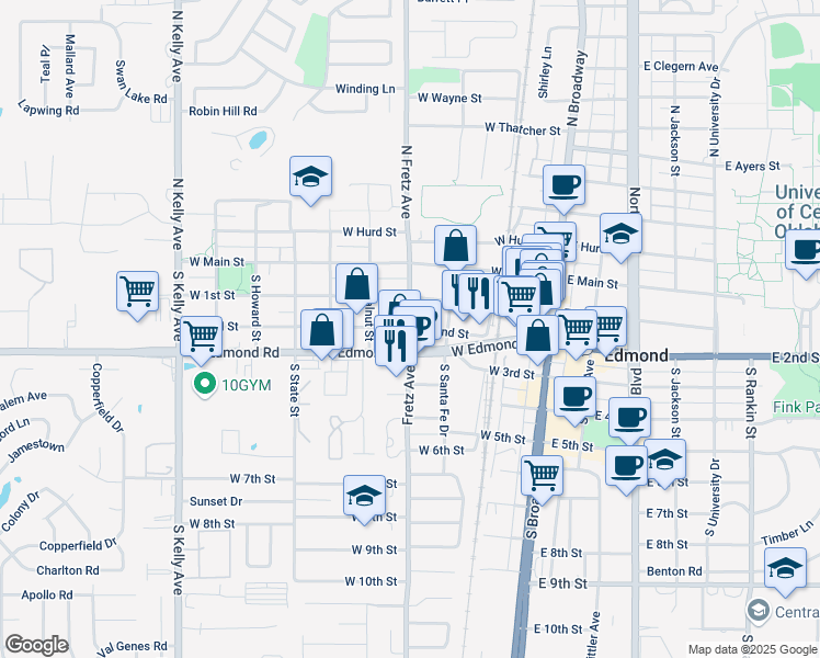 map of restaurants, bars, coffee shops, grocery stores, and more near W 2nd St & Fretz Ave in Edmond