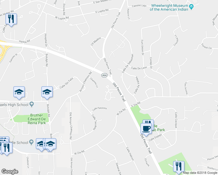 map of restaurants, bars, coffee shops, grocery stores, and more near 400 Plaza Lomas in Santa Fe