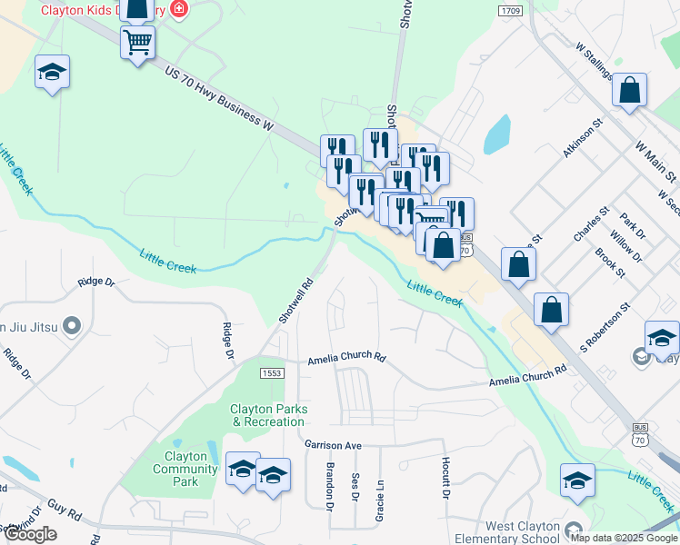 map of restaurants, bars, coffee shops, grocery stores, and more near 279 Tuscarora Lane in Clayton