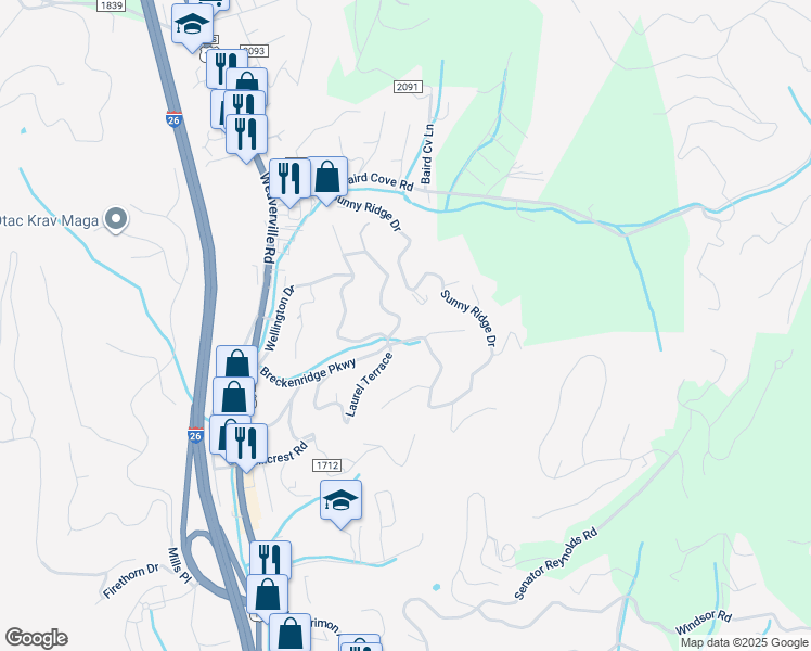 map of restaurants, bars, coffee shops, grocery stores, and more near 9 Stratford Drive in Asheville