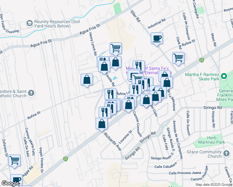 map of restaurants, bars, coffee shops, grocery stores, and more near 1308 Rufina Lane in Santa Fe