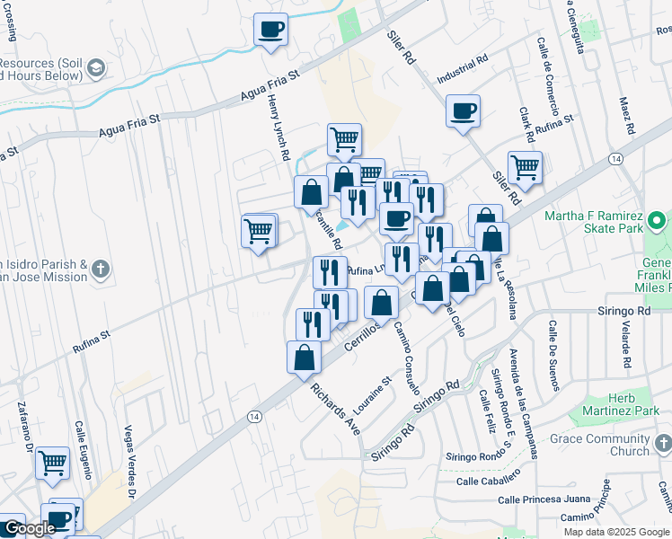 map of restaurants, bars, coffee shops, grocery stores, and more near 1308 Rufina Lane in Santa Fe